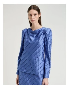 Hydrangea Strip Satin Bias Blouse in Blue