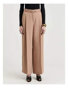 Double Weave Belted Wide Leg Pant in Tan