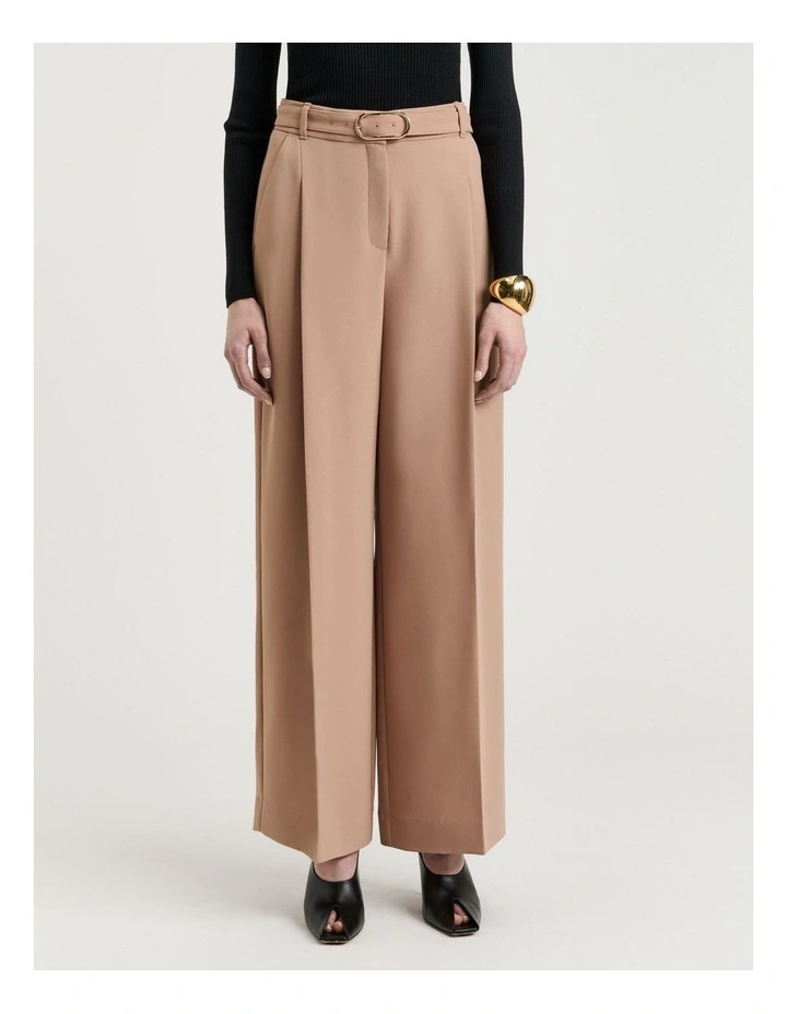 Double Weave Belted Wide Leg Pant in Tan image 1