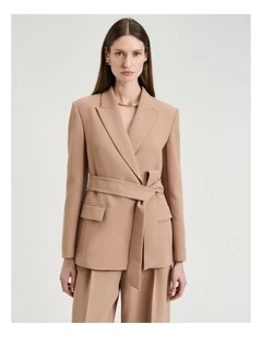 Double Weave Tie Belted Blazer In Beige