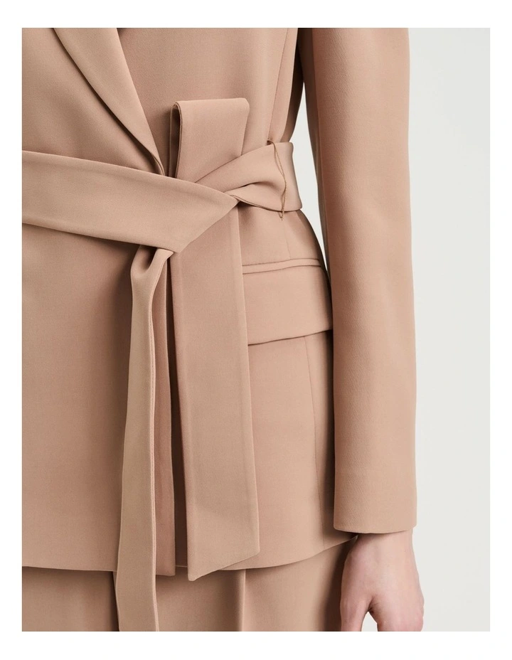 Double Weave Tie Belted Blazer In Beige image 3