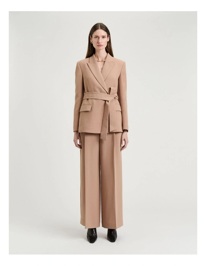 Double Weave Tie Belted Blazer In Beige image 4