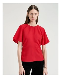 Double Weave Flounce Sleeve Top in Red