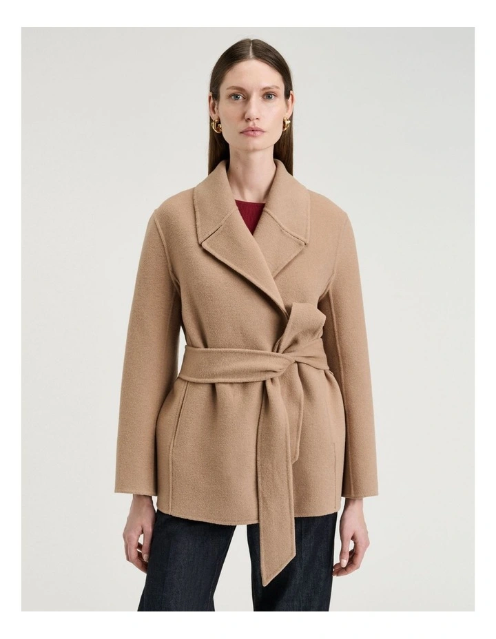Double Faced Wool Belted Short Coat in Tan image 1