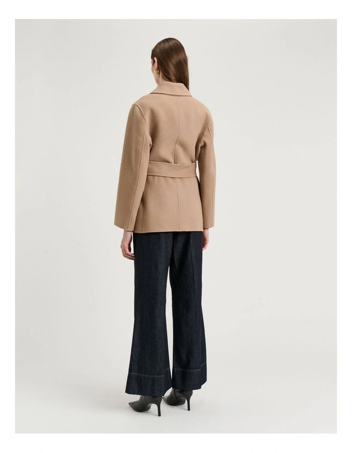 Double Faced Wool Belted Short Coat in Tan image 2