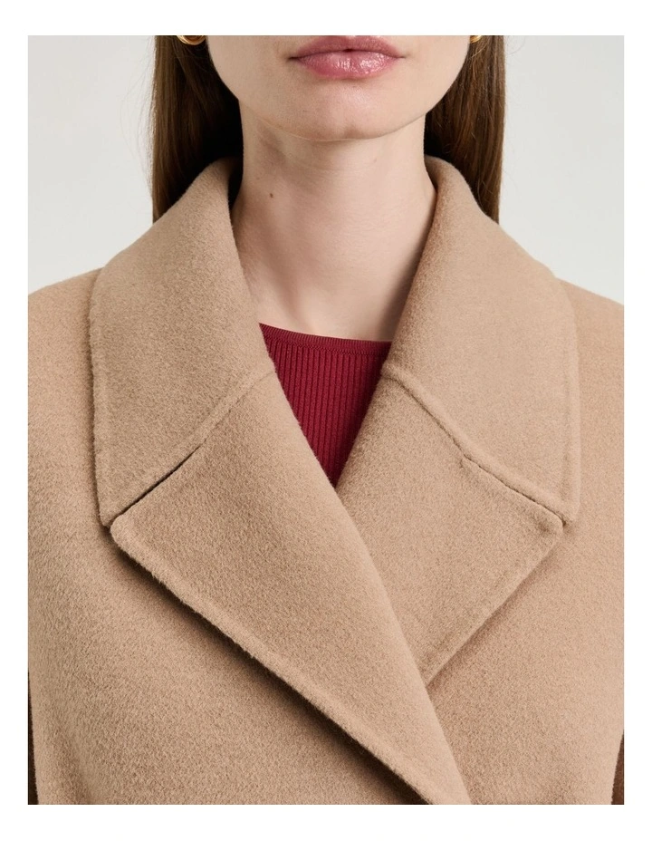 Double Faced Wool Belted Short Coat in Tan image 3