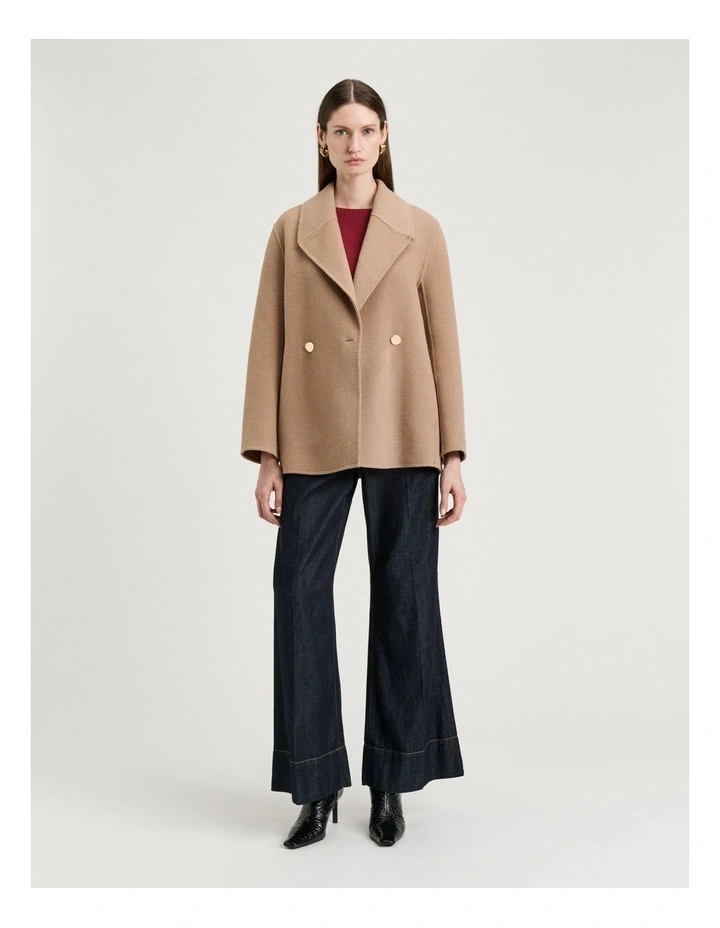 Double Faced Wool Belted Short Coat in Tan image 4