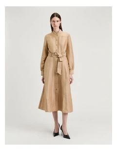 Taupe Linen Viscose Midi Shirtdress in Tan