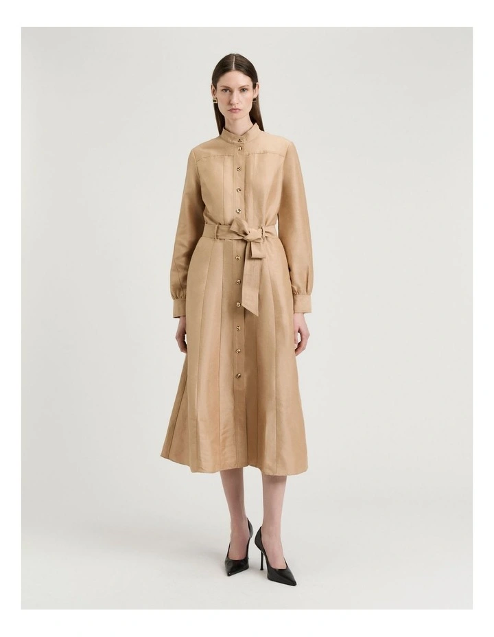 Taupe Linen Viscose Midi Shirtdress in Tan image 1