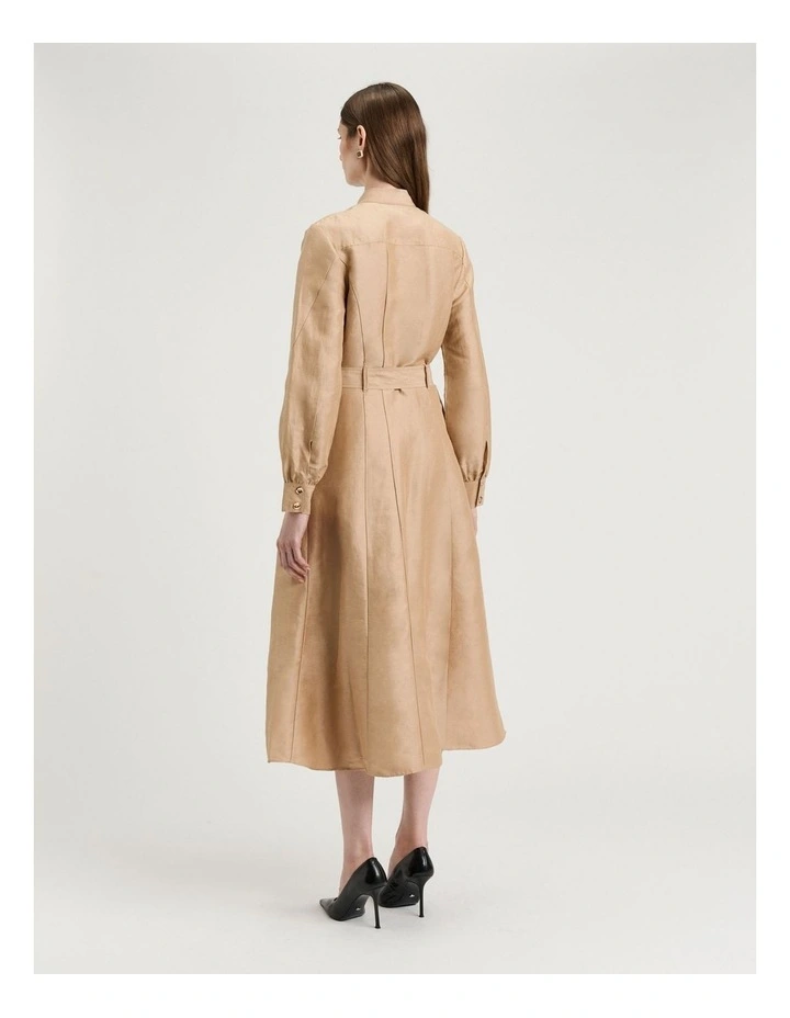 Taupe Linen Viscose Midi Shirtdress in Tan image 2
