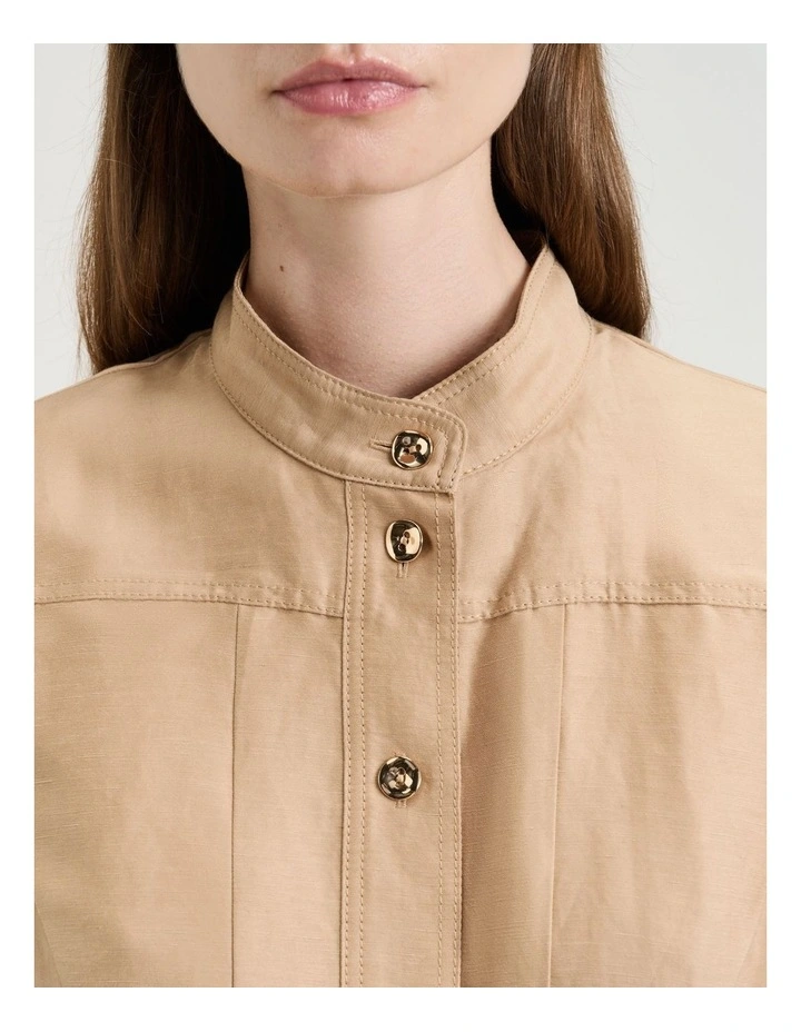 Taupe Linen Viscose Midi Shirtdress in Tan image 3
