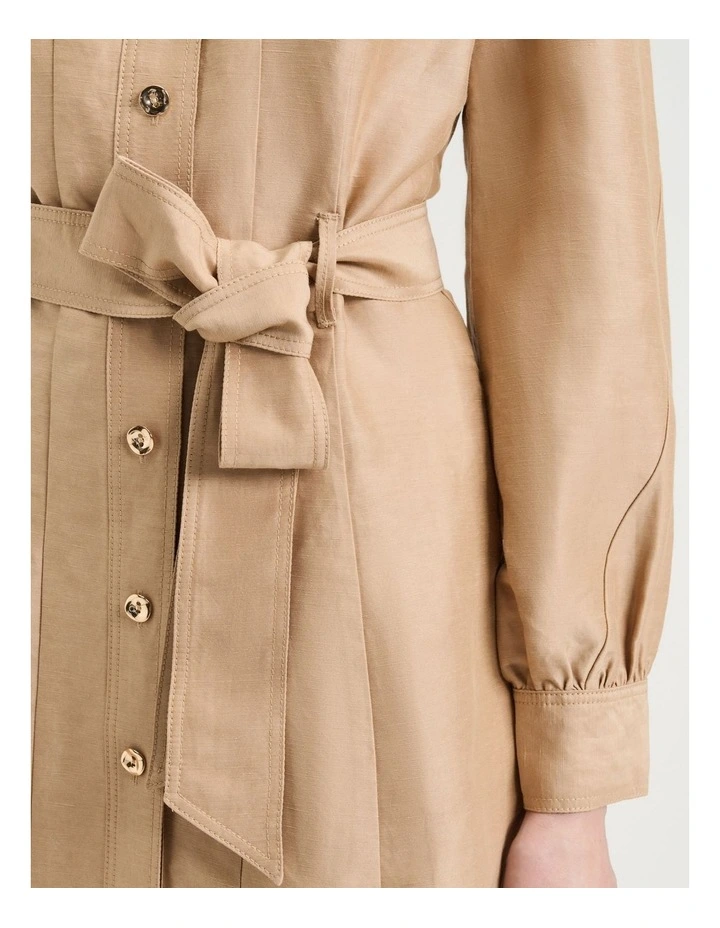 Taupe Linen Viscose Midi Shirtdress in Tan image 4
