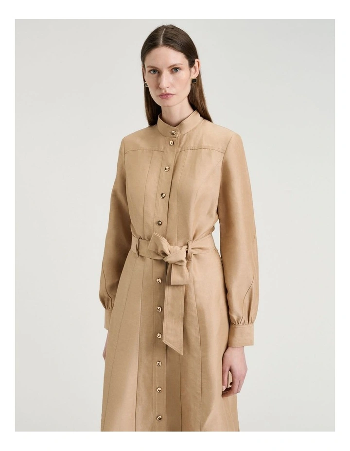 Taupe Linen Viscose Midi Shirtdress in Tan image 5