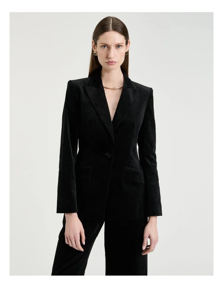 Stretch Velvet Fitted Blazer in Black image 3