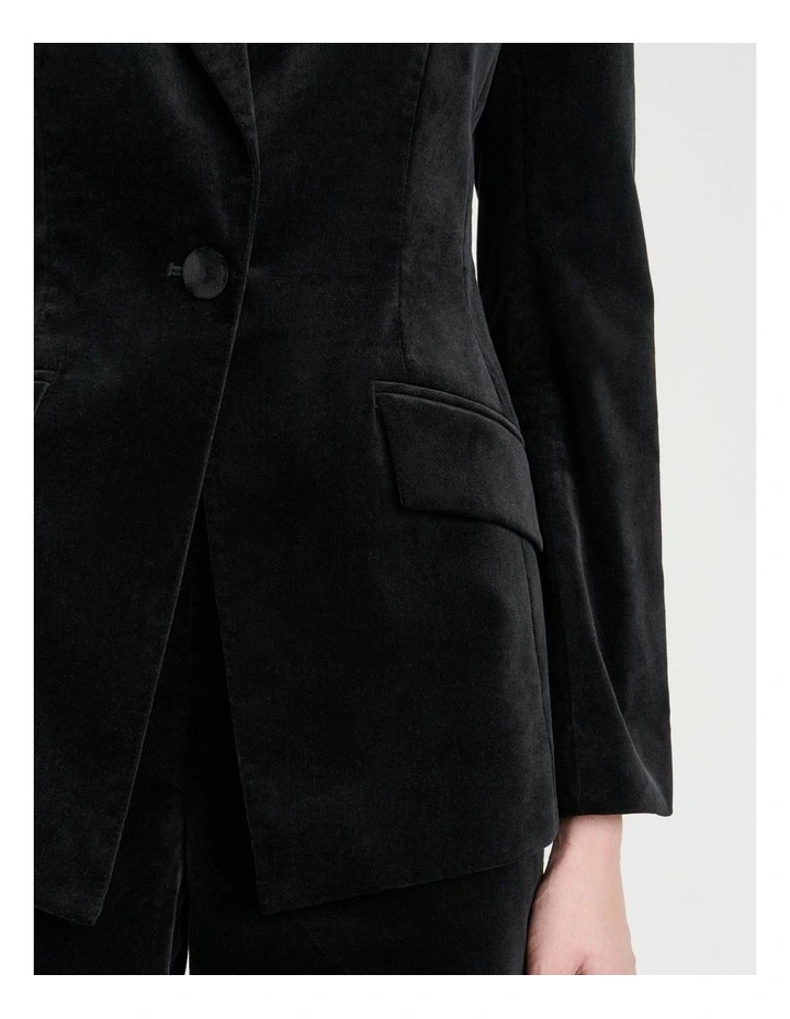 Stretch Velvet Fitted Blazer in Black image 4