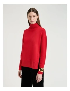Red Merino Cashmere Blend Oversized Funnel Neck Sweater in Red