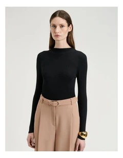 Cotton Silk Blend Mock Neck Ribbed Knit Top in Black