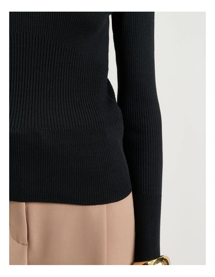 Cotton Silk Blend Mock Neck Ribbed Knit Top in Black image 3