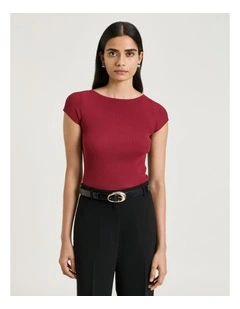 Ribbed Cap Sleeve Boat Neck Knit in Red