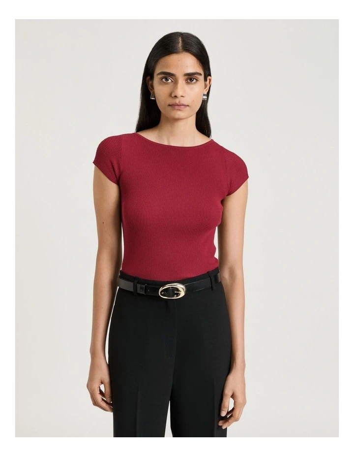Ribbed Cap Sleeve Boat Neck Knit in Red image 1