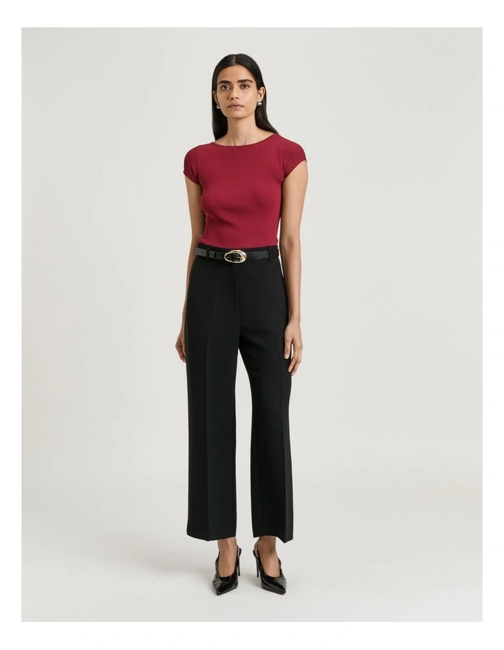Ribbed Cap Sleeve Boat Neck Knit in Red image 3