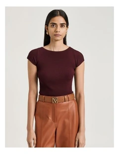 Ribbed Cap Sleeve Boat Neck Knit in Brown