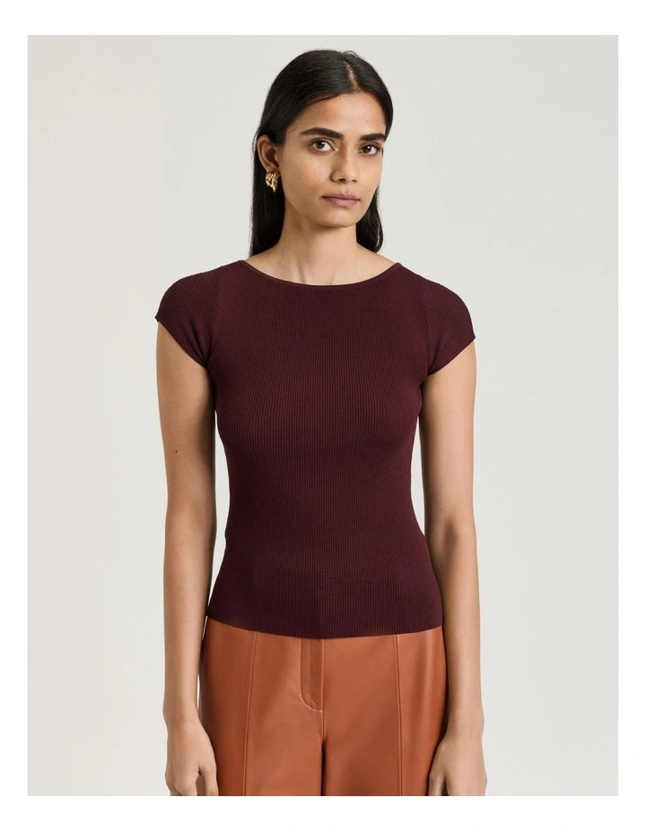 Ribbed Cap Sleeve Boat Neck Knit in Brown image 3