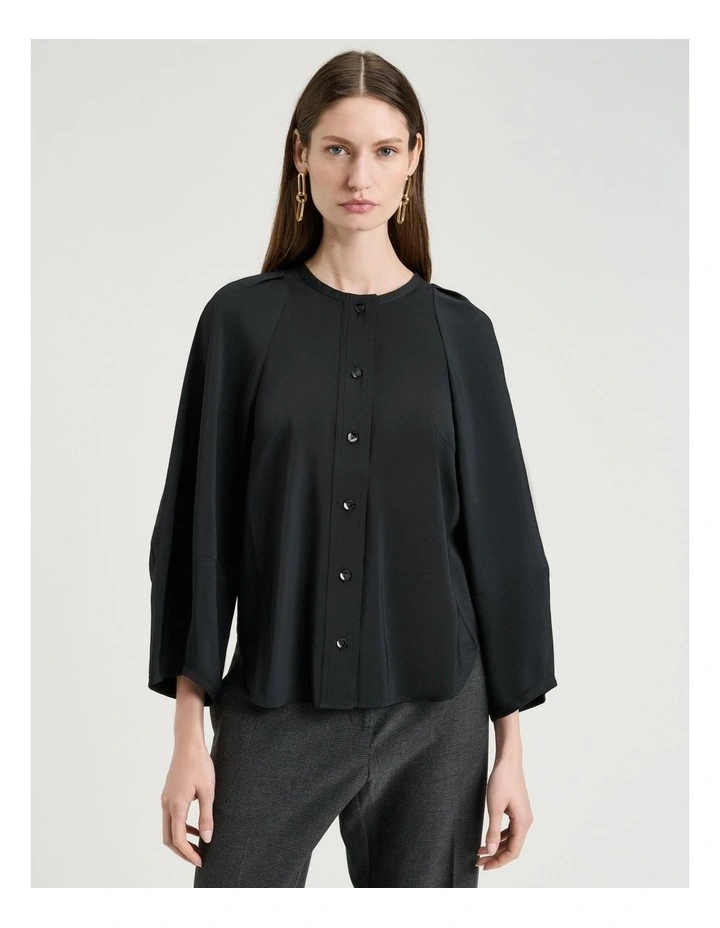 Drapey Modal Blend Lantern Sleeve Shirt In Black image 1