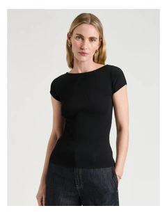 RIBBED CAP SLEEVE BOAT NECK KNIT