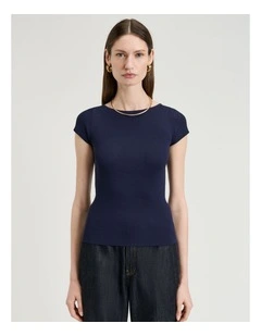 Ribbed Cap Sleeve Boat Neck Knit in Navy