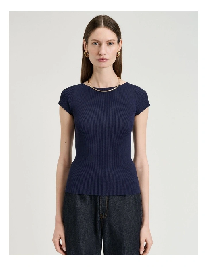 Ribbed Cap Sleeve Boat Neck Knit in Navy image 1