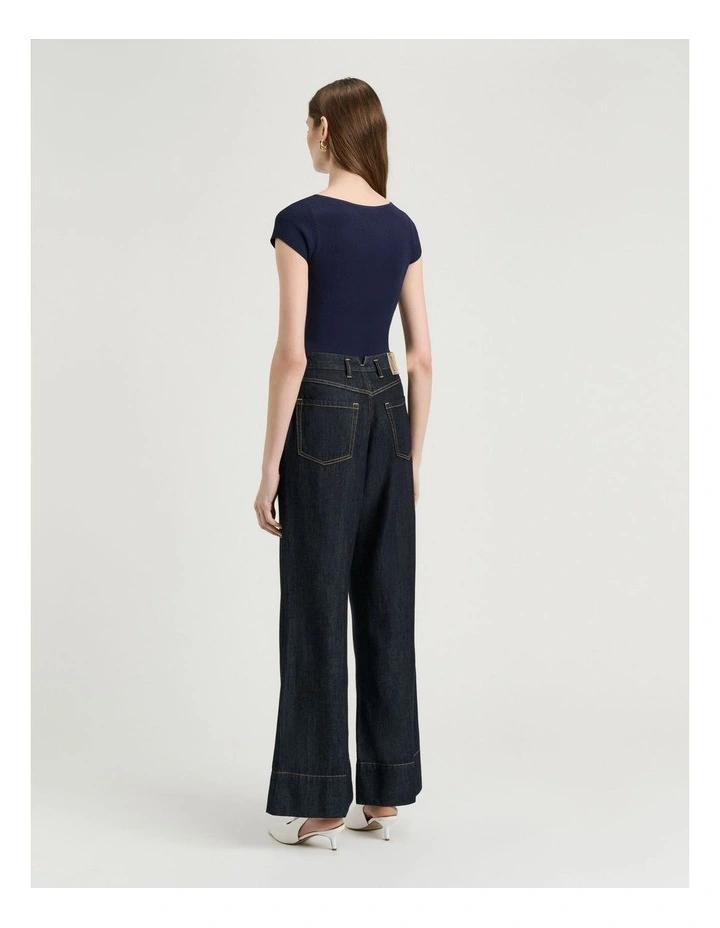 Ribbed Cap Sleeve Boat Neck Knit in Navy image 2