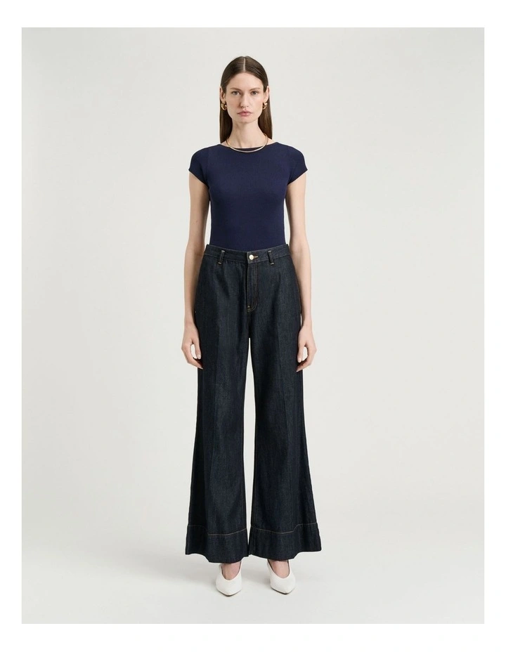 Ribbed Cap Sleeve Boat Neck Knit in Navy image 3