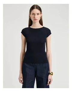 Ribbed Cap Sleeve Boat Neck Knit in Black