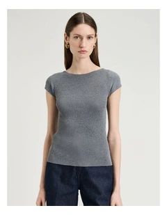 Ribbed Cap Sleeve Boat Neck Knit in Grey