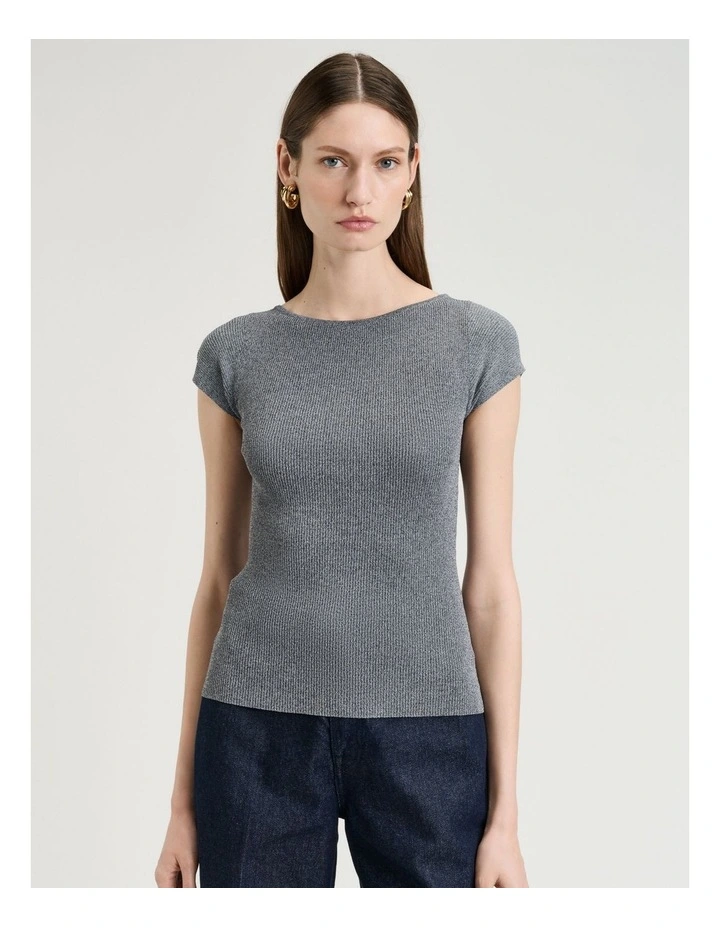 Ribbed Cap Sleeve Boat Neck Knit in Grey image 1