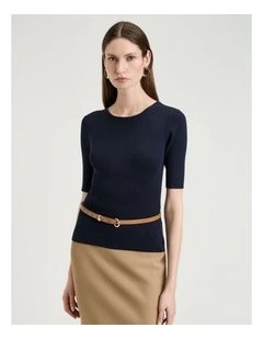 Cotton Silk Blend Crew Neck Ribbed Knit Top