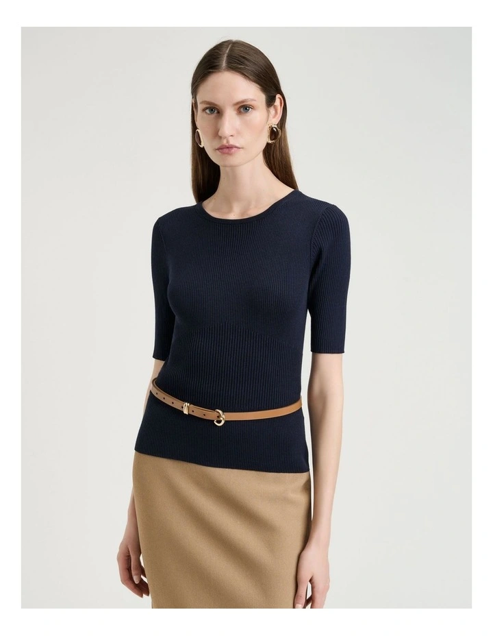 Cotton Silk Blend Crew Neck Ribbed Knit Top image 1