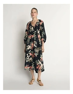 Palm Floral Viscose Linen Midi Dress