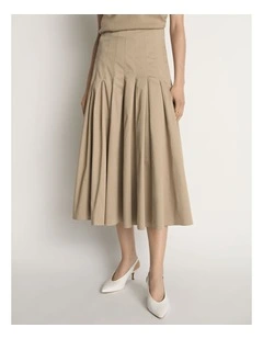 Stretch Cotton Pleat Midi Skirt