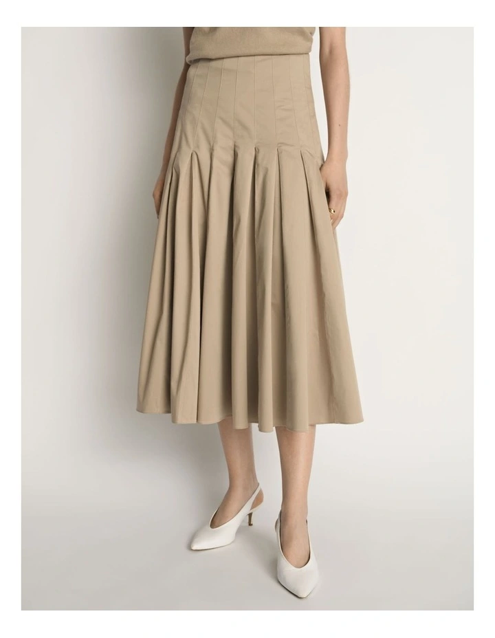 Stretch Cotton Pleat Midi Skirt image 1