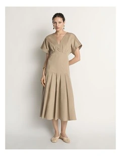 Stretch Cotton Pleat Midi Dress