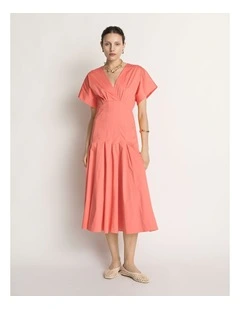 Stretch Cotton Pleat Midi Dress