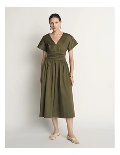 Stretch Cotton Gathered Waist Midi Dress