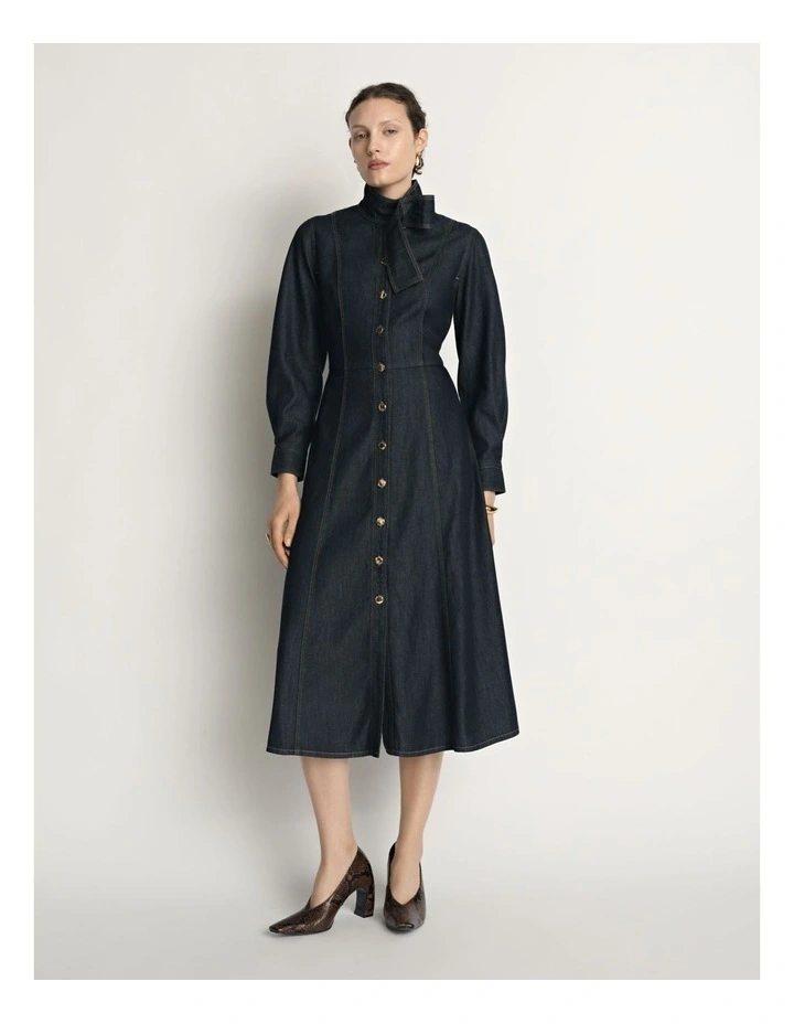 Denim Tie Neck Shirtdress image 1
