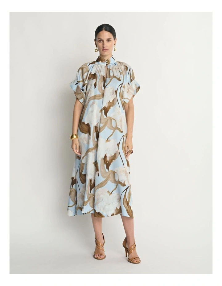 Sheer Blossom Trapeze Gathered Neck Dress image 3