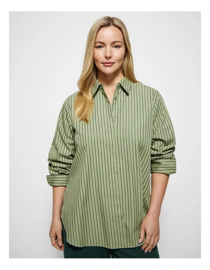 Good Earth Cotton Demi Shirt in Sage Green Stripe image 5