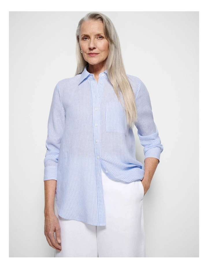 Pocket Linen Shirt in Cornflower Mini Stripe image 5