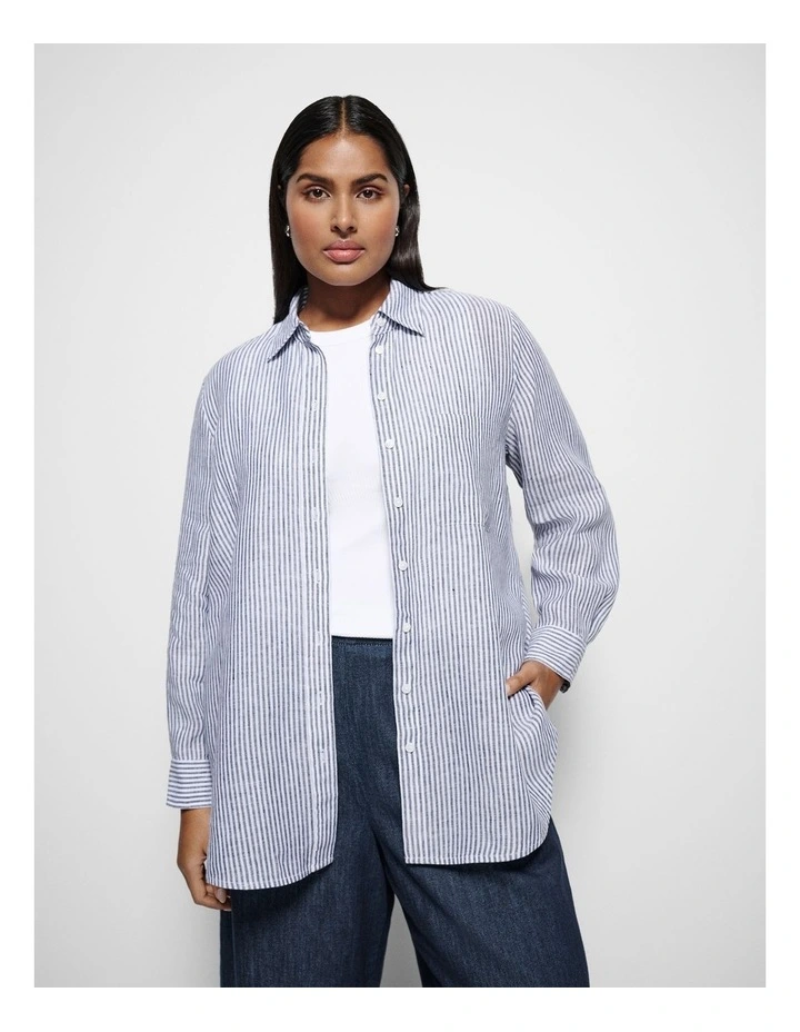 Pocket Linen Shirt in Navy Stripe image 1
