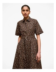 Leopard Poplin Belted Dress in Bitter Chocolate